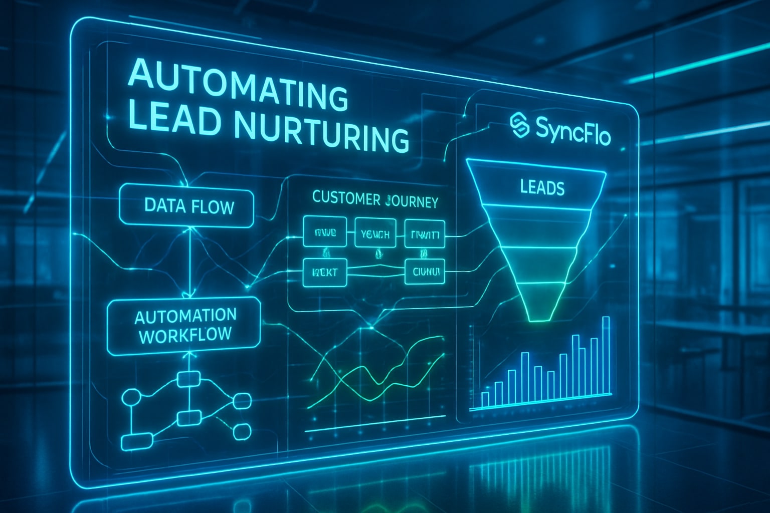 An image for a blog post on automating lead nurturing with SyncFlo AI, showing automated workflows to convert leads.