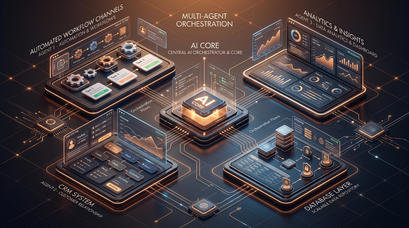 Diagram showing central AI agent orchestrating specialized sub-agents across CRM, analytics, and messaging channels.