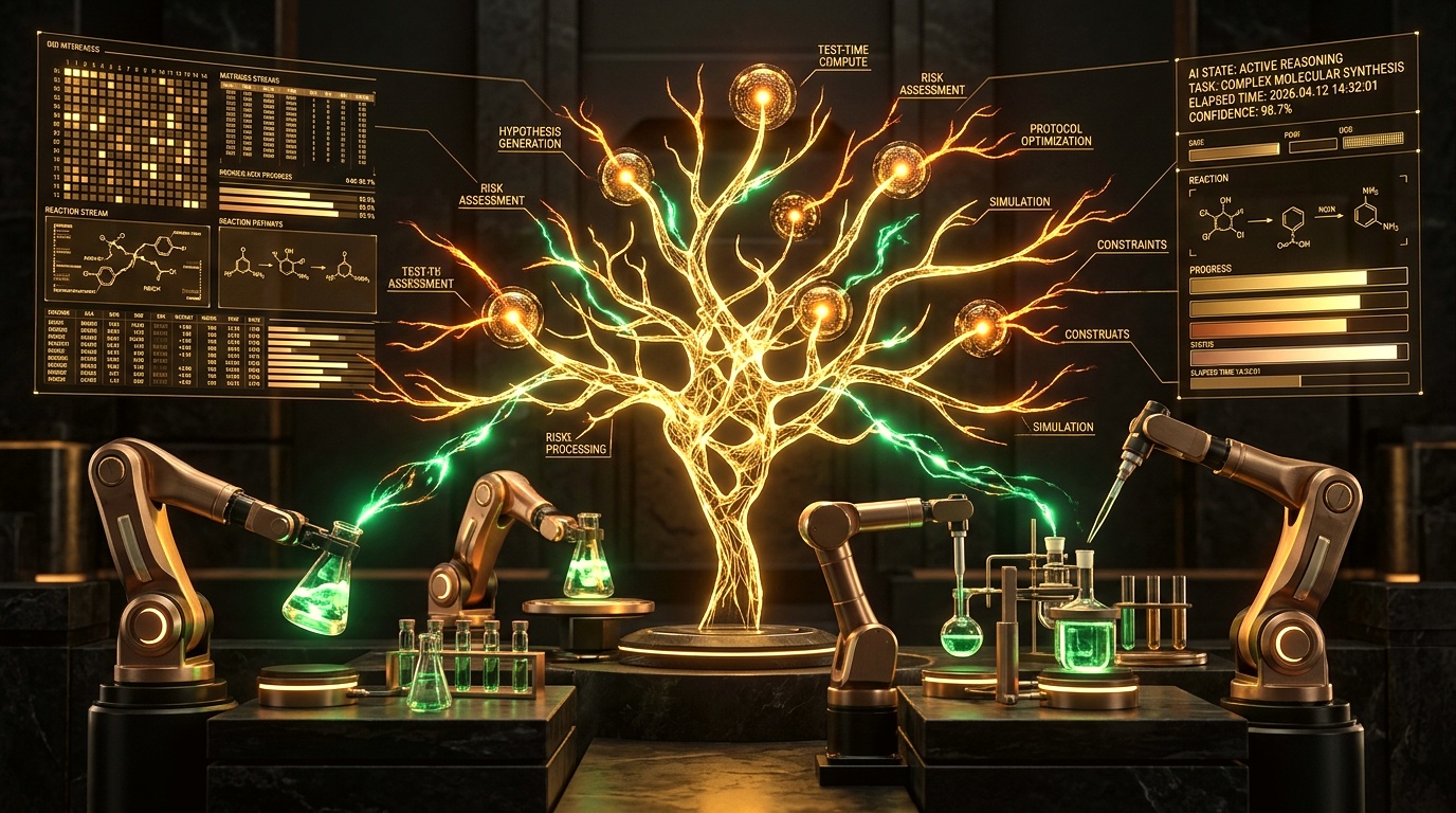 Conceptual 3D visualization of autonomous AI reasoning and task conquest matrix in late 2026
