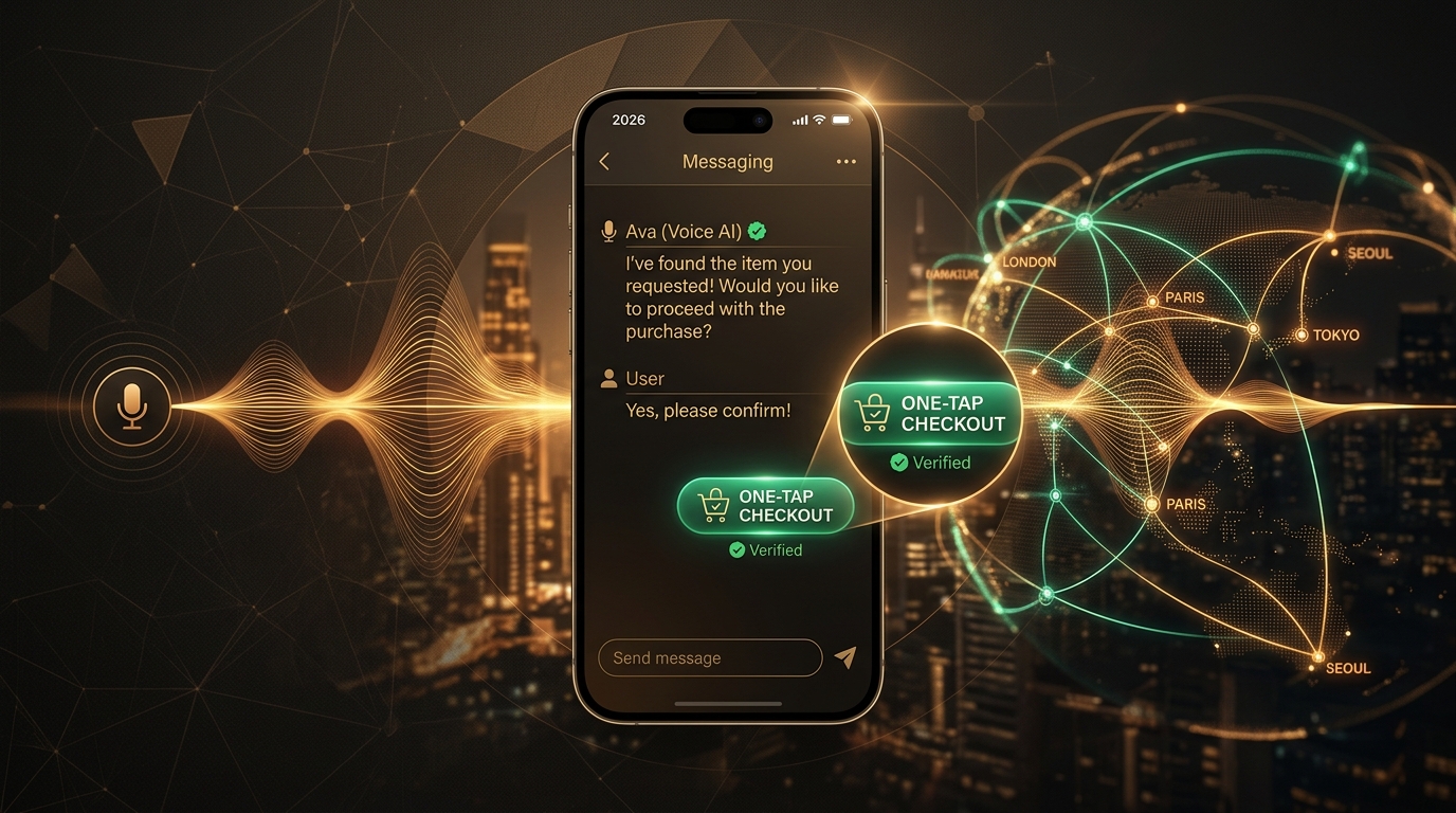 Futuristic conceptual visualization of real-time Voice AI and mobile conversational commerce in 2026