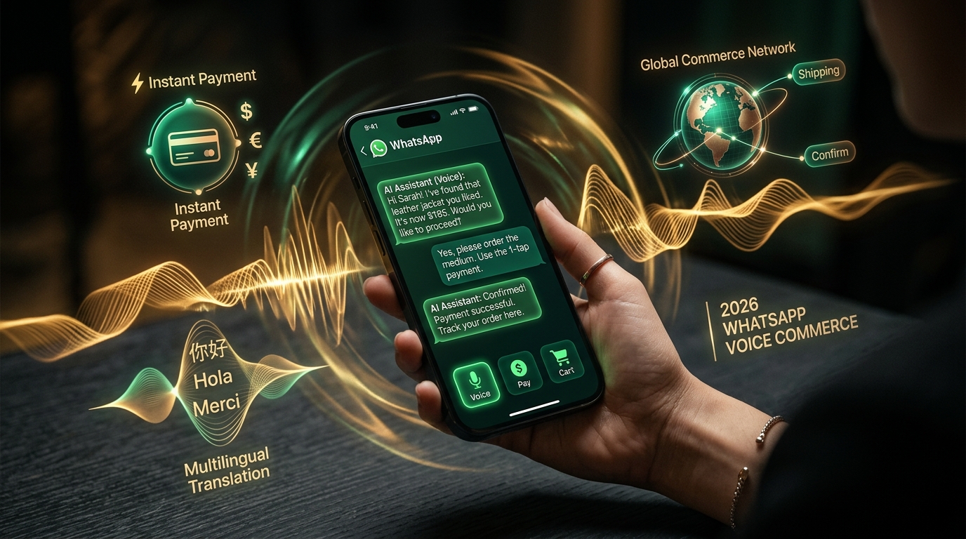 Ambient Voice AI and WhatsApp Conversational Commerce in 2026 - Acoustic Soundwaves and Instant In-Chat Checkout